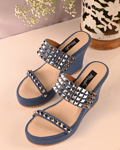 Denim Studded Wedges