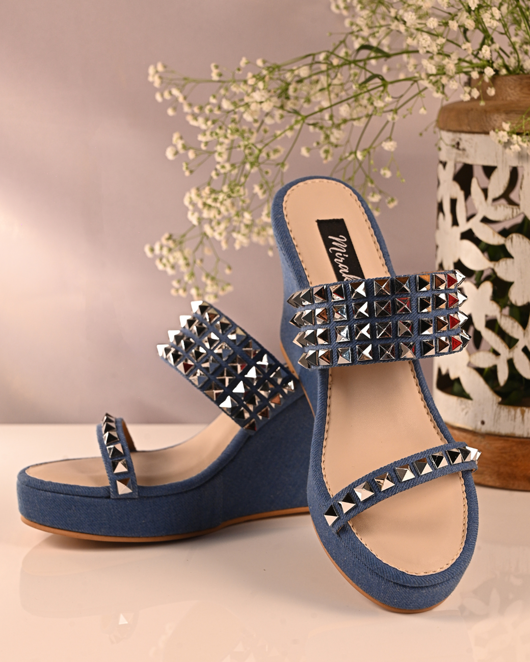 Denim Studded Wedges