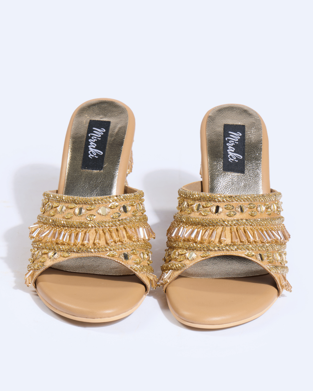 Gold Crystal Fringe Handwork Block Heels