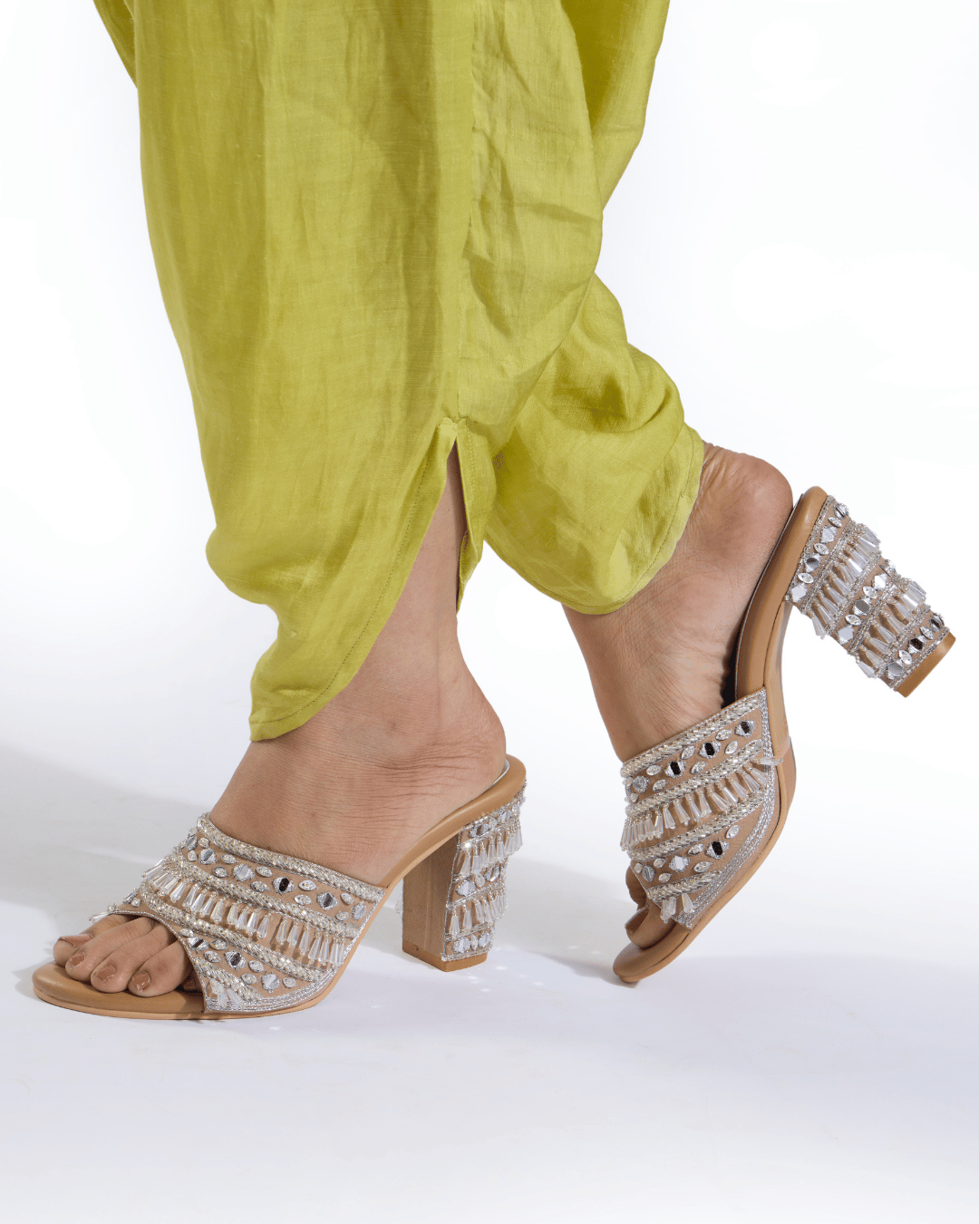 Silver Crystal Fringe Handwork Block Heels
