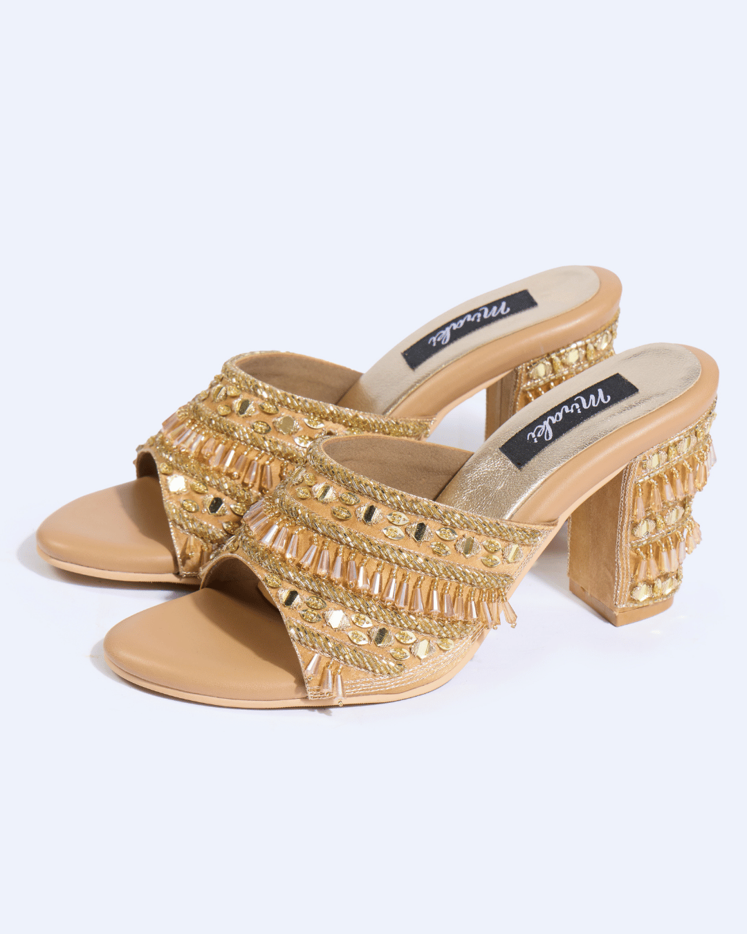 Gold Crystal Fringe Handwork Block Heels