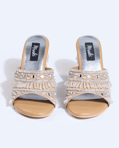Silver Crystal Fringe Handwork Block Heels