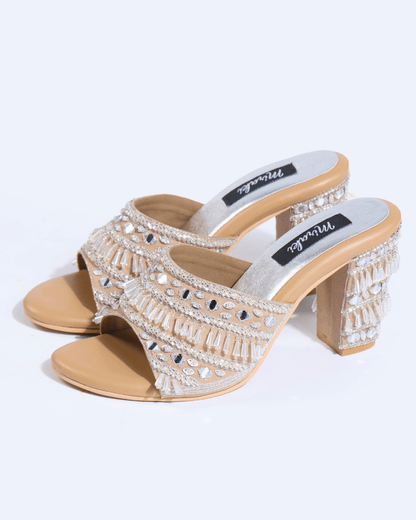 Silver Crystal Fringe Handwork Block Heels