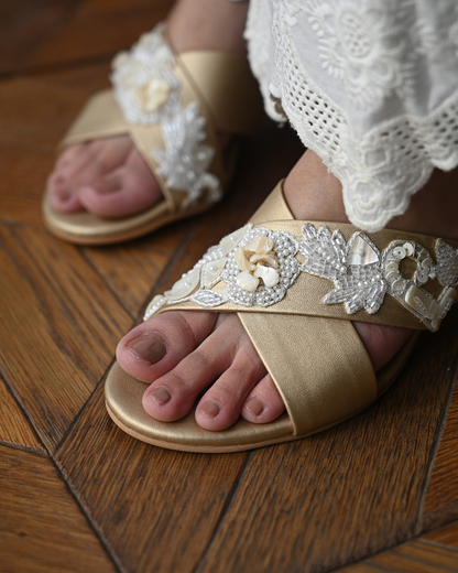 Gold Criss Cross Strap Block Heels With Shell And Pearl Work