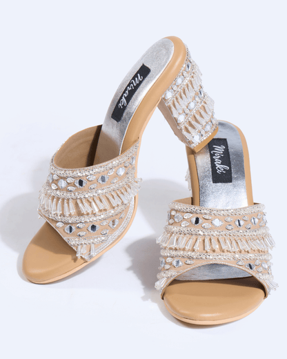 Silver Crystal Fringe Handwork Block Heels