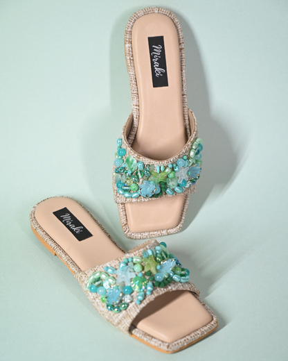 Sea Shells And Beads Embellished Beach Slip On Flats