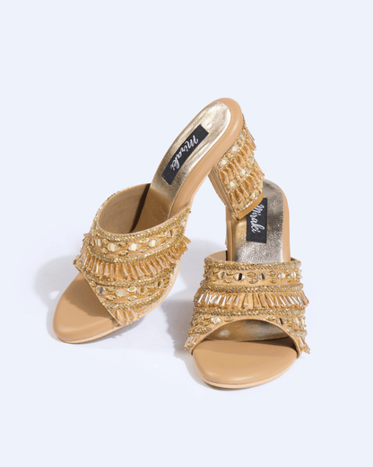 Gold Crystal Fringe Handwork Block Heels