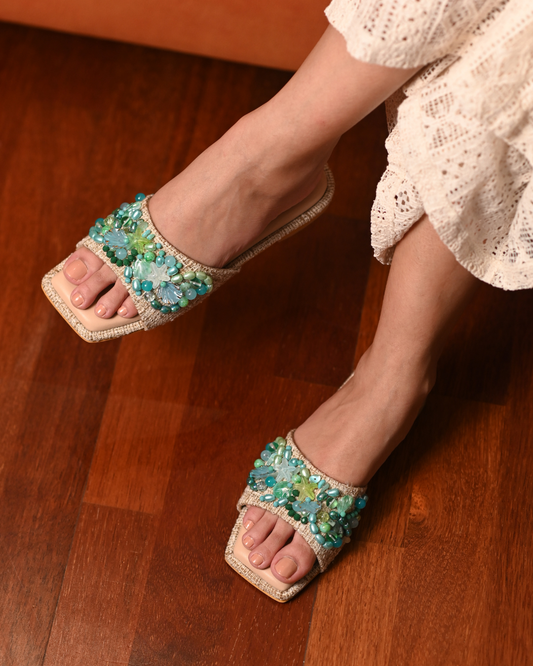 Sea Shells And Beads Embellished Beach Slip On Flats
