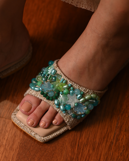 Sea Shells And Beads Embellished Beach Slip On Flats