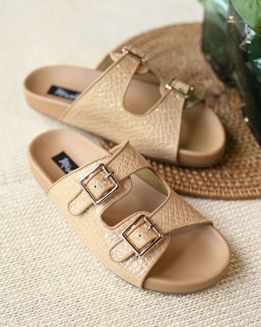 Textured Nude Patent Slides With Adjustable Buckles