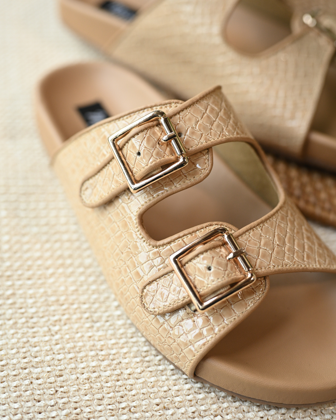 Textured Nude Patent Slides With Adjustable Buckles