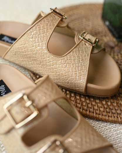 Textured Nude Patent Slides With Adjustable Buckles