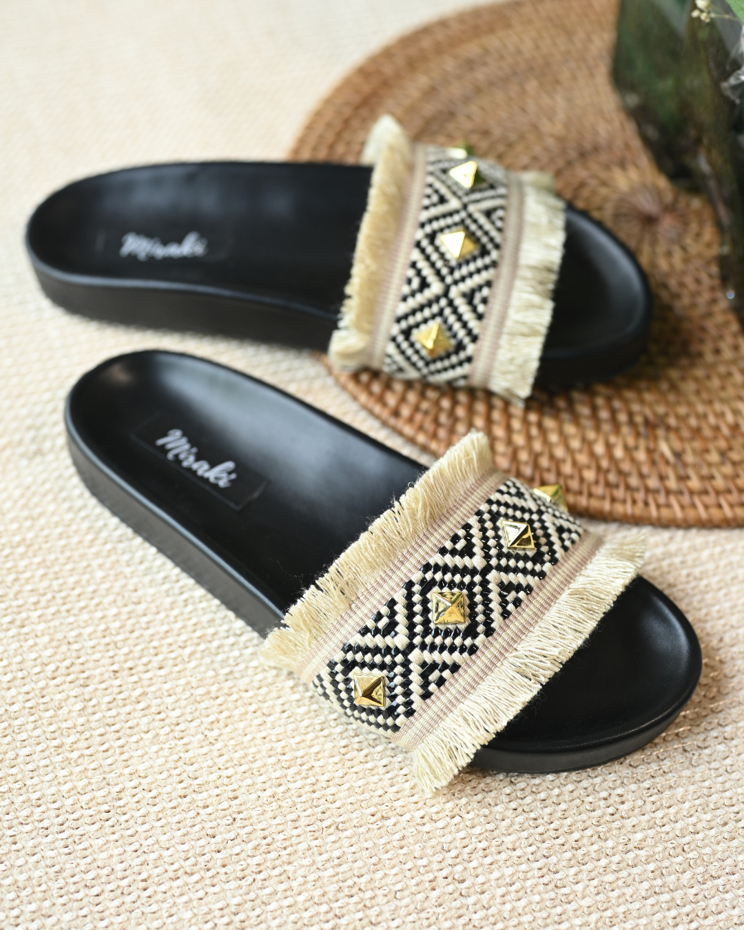 Black Jute Studded Slides