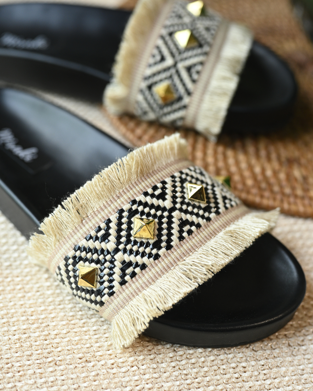 Black Jute Studded Slides