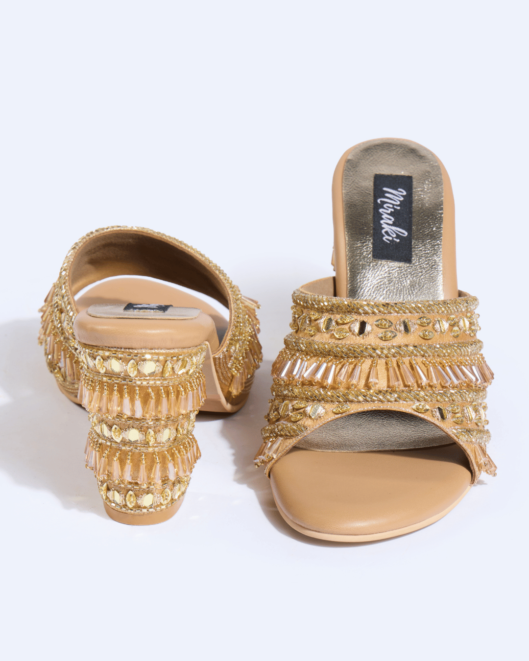 Gold Crystal Fringe Handwork Block Heels