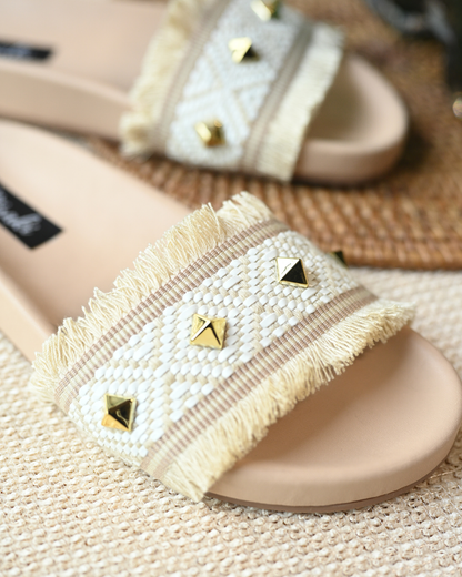 Beige Jute Studded Slides