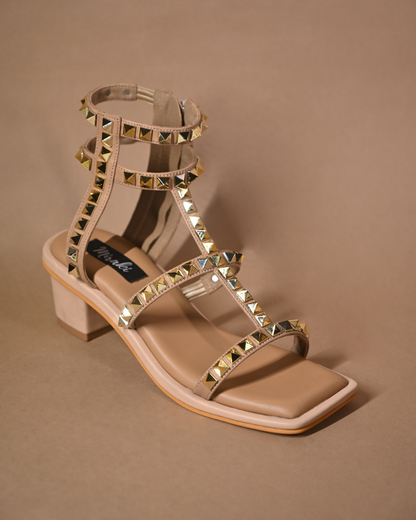 Gold Studded Beige Heels With Ankle Straps