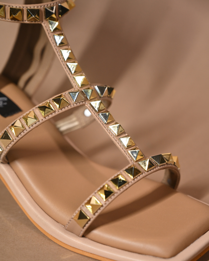 Gold Studded Beige Heels With Ankle Straps