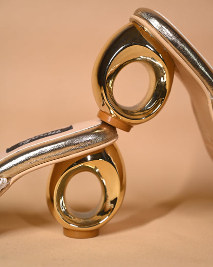 Webbed Gold Sandals With Unique Round Heels