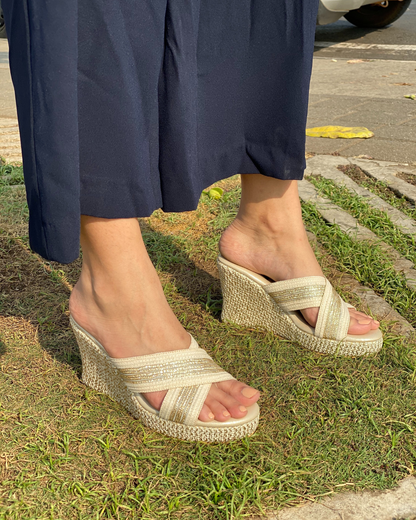 Off-White and Gold Gota Work Wedges