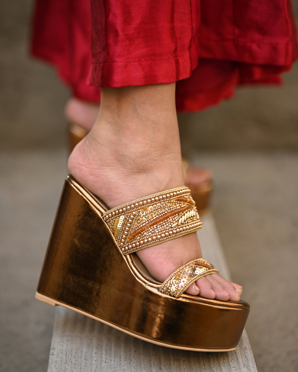 Bronze Dual Strap Handwork Wedges