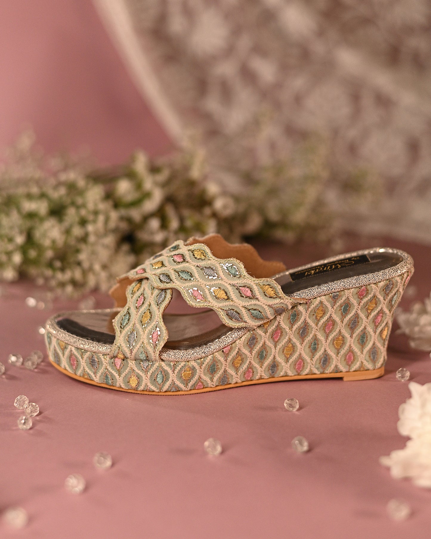 Pastel Green And Multi-Colour Threadwork Wedges