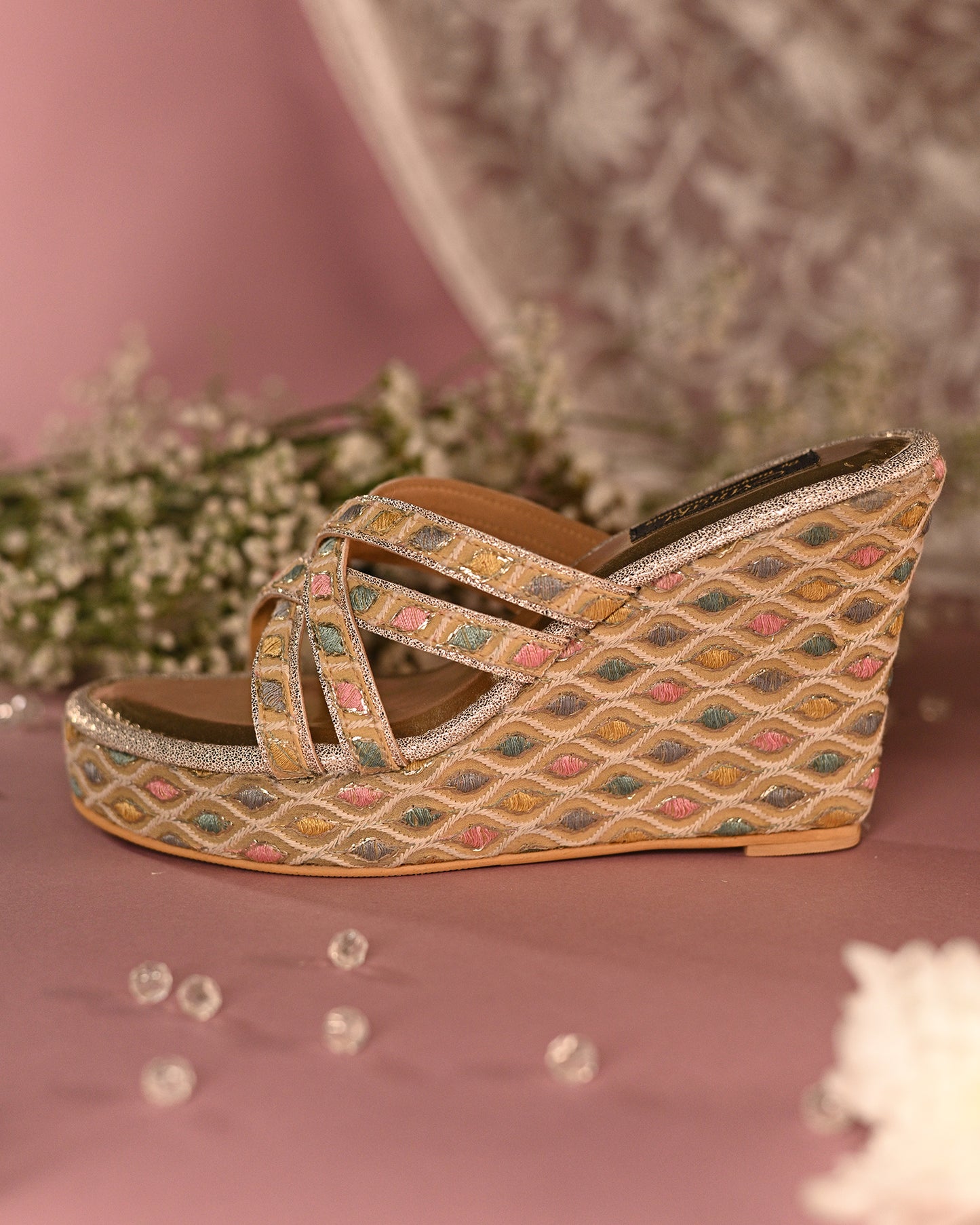 Pastel Threadwork Criss Cross Strap Wedges