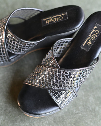 Grey Cross Strap Crystal Wedges