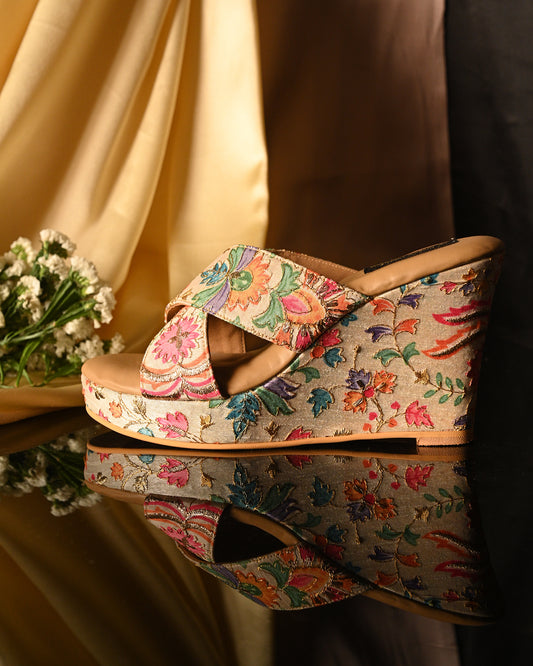 Floral Print Cross Strap Wedge