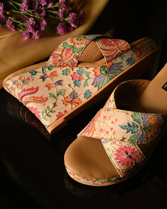 Floral Print Cross Strap Wedge