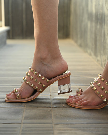 Patent Nude Heels With Gold Studs