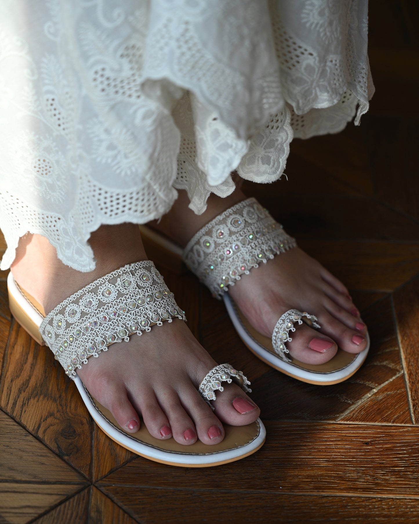 White Threadwork Flats