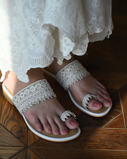 White Threadwork Flats