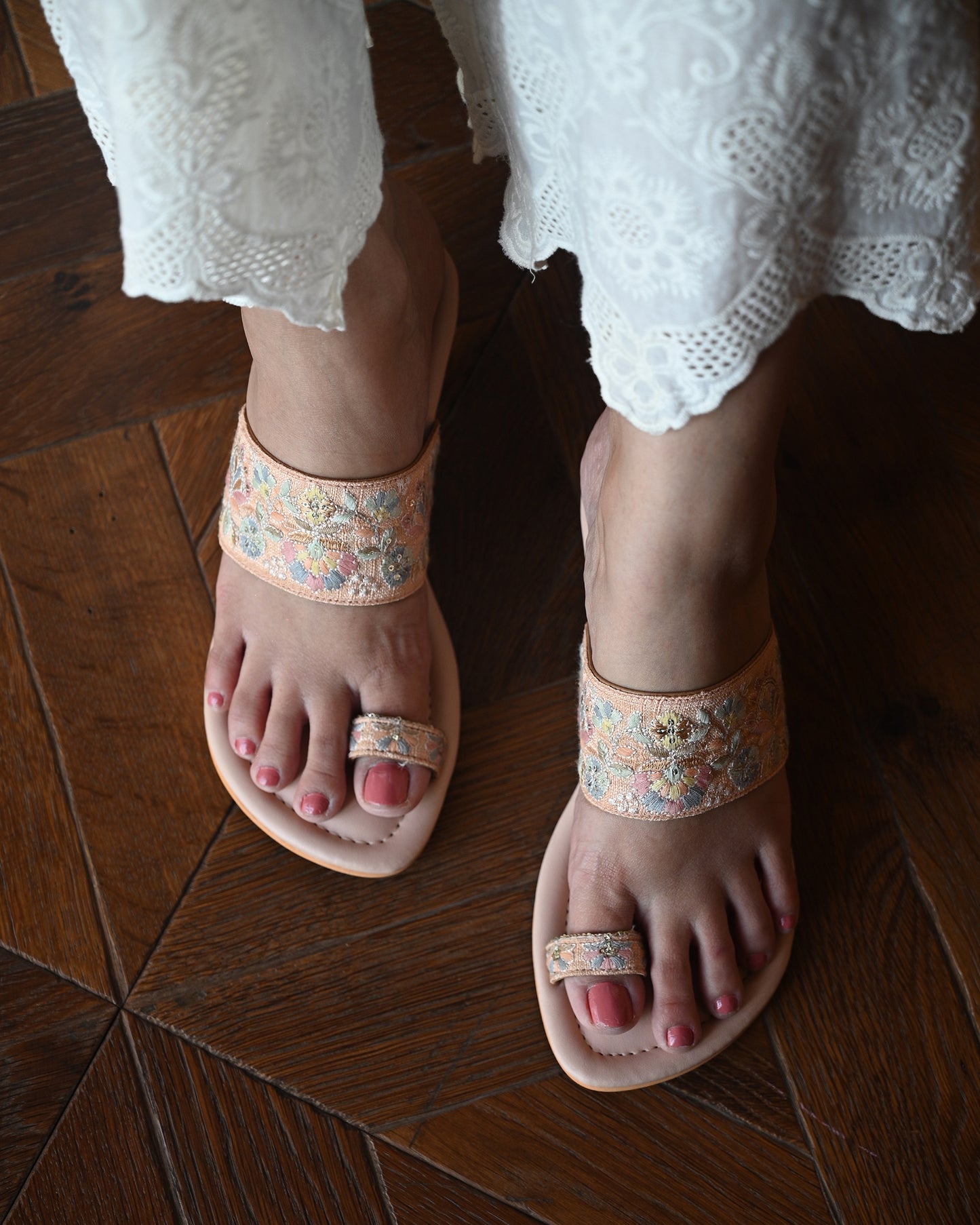 Peach Floral Threadwork Heels