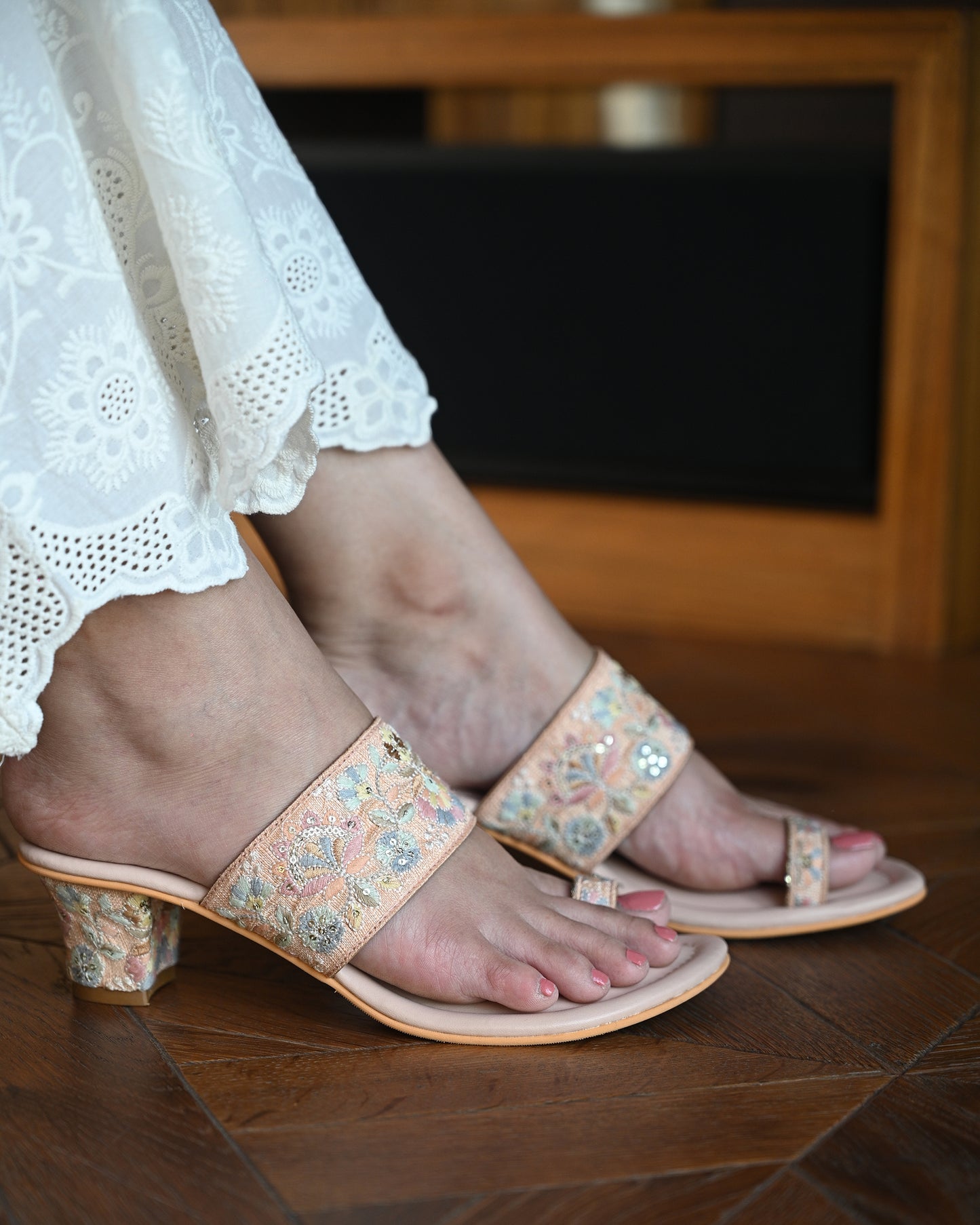 Peach Floral Threadwork Heels