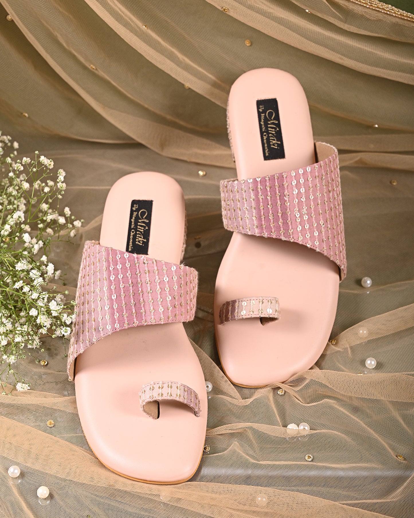 Pastel Slip Flats With Highlighted Handwork