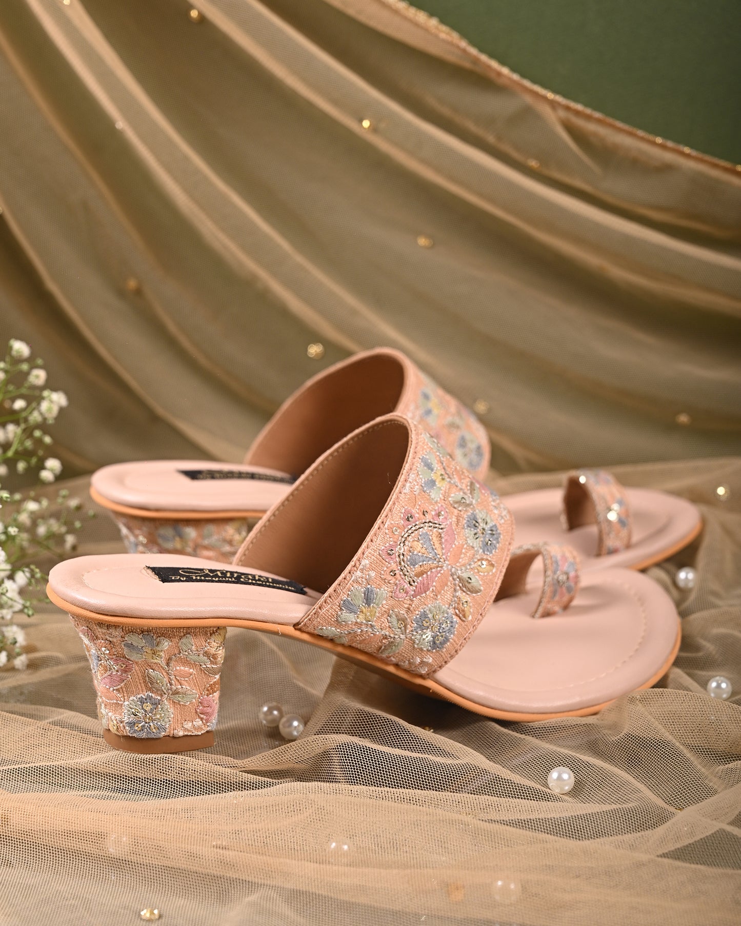 Peach Floral Threadwork Heels