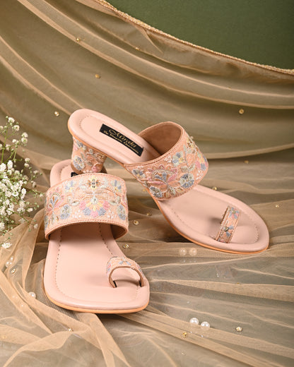 Peach Floral Threadwork Heels