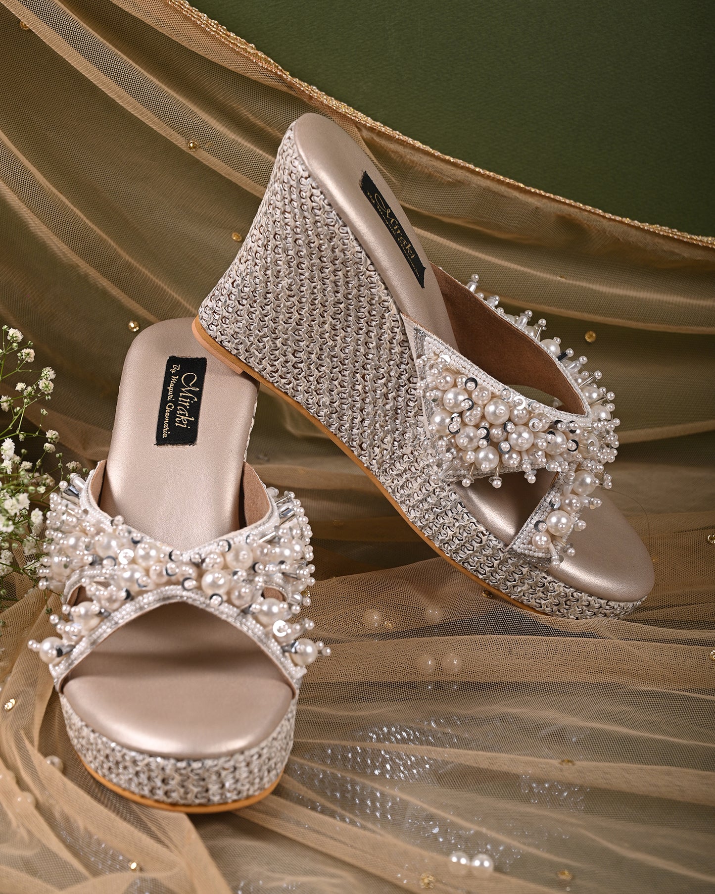 White Handwork Wedges With Beads And Pearls